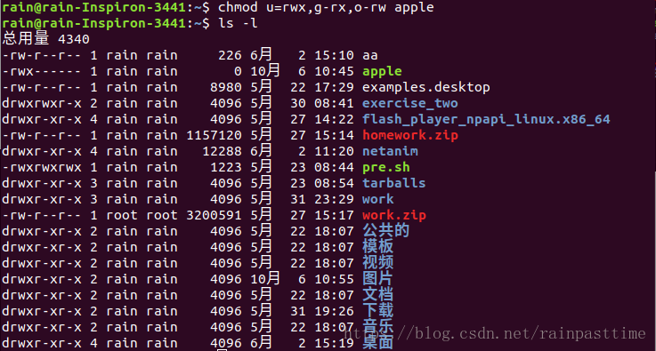 chmod u=rwx,g-rx,o-rw apple