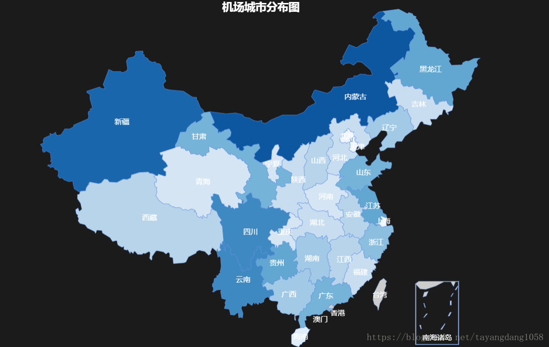 含有机场的城市分布图，例如新疆有14个城市含有机场，此图为交互式图形，鼠标放置在地区可显示具体数量